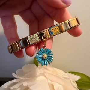 Blue Daisy Italian Charm Bracelet with Floral Links